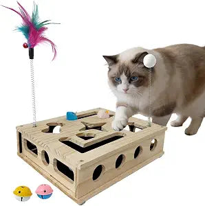 Cat Toys, Cat Scratcher Puzzle Enrichment Box - Wooden Cat Nail File with 2 Catnip Mice & 2 Balls & 2 Wand, Interactive Cat Toy Treat Maze for Indoor Cats, Stress-Free Cat Scratch Box That Trim Nails