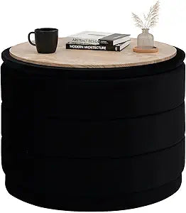 B FSOBEIIALEO Round Velvet Storage Ottoman with Tray, Folding Ottoman with Storage Coffee Table Foot Rest for Dorm Room, Living Room Black, 22.83"x22.83"x17.32"