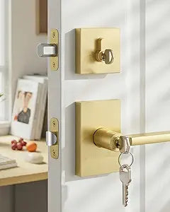 Goldenwarm Gold Exterior Door Lock Set, Zinc-Alloy Brushed Gold Front Door Handle with Lock and Deadbolt, Heavy Duty Square Exterior Door Handle with Deadbolt - 1 Pack