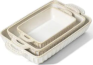 Casserole Dish for Oven, Ceramic Baking Dishes Set, Vintage Hobnail Bakeware Sets of 3, Rectangular Baking Pan, Deep Lasagna Pan with Handle for Cake, Wedding Kitchen Gift, 13.77/11.6"/8.85"