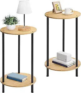 SEHERTIWY Small Round Table Set of 2, End Tables Living Room Set of 2, Side Tables for Small Spaces, 2 Tiers Rustic Accent Tables, Night Stands for Bedrooms, Coffee Tables with Storage Shelf