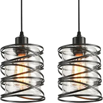 2 Pack Black Spiral Cage Pendant Lights with Clear Glass Shade, Suitable for Kitchen Island, Dining Table, Entryway, Restaurant