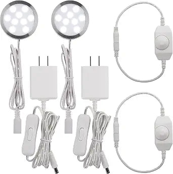 Under Cabinet Light 2.5 inch, Single LED Puck Light for Kitchen Counter Collection Display Lighting, Dimmer Switch, 120VAC Plug in, White Cord, 2 Packs, Cool White