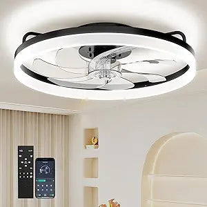 Ceiling Fans with Lights and Remote, 20 Inch Low Profile Ceiling Fan, Upgrade 7-Blade Flush Mount LED Fan Light, 3000K-6500K Dimmable Modern Fandelier Ceiling Fans for Bedroom, Black