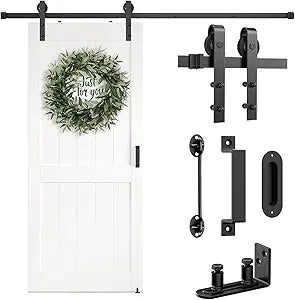 Arti-Life Barn Door Hardware Kit 6.6FT Heavy Duty Sliding Door Track Kit with Floor Guide and 2 Handles with Lock, Smoothly Hardware Kits for Interior Exterior Fit 36"-40" Wide Panel (J Shape Hanger)