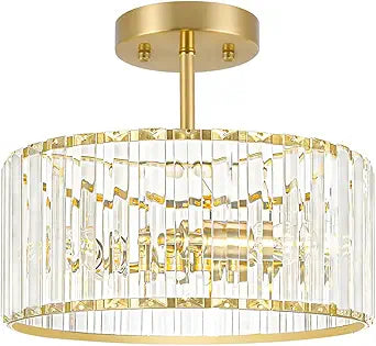 Lxybcce Modern Crystal Ceiling Light, Brushed Gold Semi Flush Mount Ceiling Lighting Fixture, Brass Hallway Light Fixtures Chandelier for Kitchen, Bedroom Dining Room Hallway Closet, 3-Light, 12 Inch