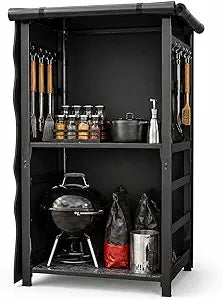 53 inch Multi-Purpose Outdoor Storage Organizer for Air Fryers, BBQ Tools and Gardening Gear Heavy Duty Metal Utility Shelf with Adjustable Layers, Double Side Hooks and Compact Patio Design