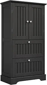 Treocho Bathroom Floor Cabinet, Bathroom Storage Cabinet with Drawers and Adjustable Shelf, Freestanding Cupboard Pantry for Kitchen, Living Room, Dining Room, Black