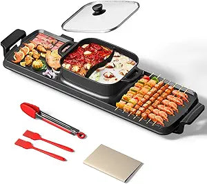 AORAN Smokeless Electric Hot Pot & Grill Combo, Large 9.5"x29" Non-Stick Design, 3 Adjustable Heat Levels, Easy to CleanIncludes Brushes, Tongs & Paper