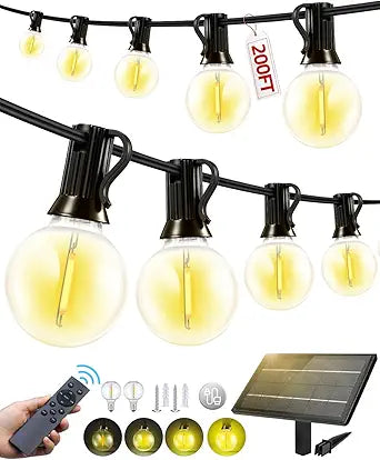 200FT Solar Lights Outdoor Waterproof: G40 60M Shatterproof Bulbs Patio Lights - Solar Powered Remote Control 3 Light Modes Dimmable Solar Light - Camping Backyard Garden Deck Outside Yard