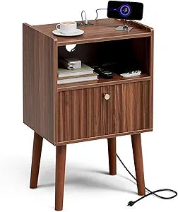 Mid Century Modern Side Table with Charging Station, Tall End Table with Fluted Drawer, Nightstand with 2 USB Ports & 2 Outlets, 2 Tier Storage for Bedroom, Living Room, Walnut