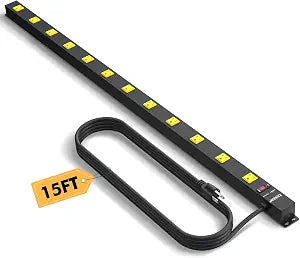 12 Outlet Industrial Long Power Strip Wide-Spaced Outlets with 15Ft Cord
