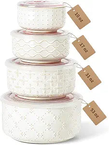 vicrays Ceramic Nesting Bowls with Lids, Set of 4, Embossed Serving Bowls for Food Storage, Popcorn, Salad etc, Microwave & Dishwasher Safe, 10oz to 53oz
