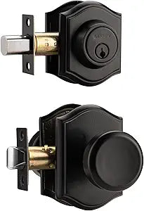 Black Door Knob with Lock, Exterior Door Lock Set with Deadbolt, Exterior Door Knob with Camelot Trim