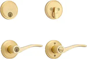 Kwikset Sedona Front Door Lock Handle and Deadbolt Combo Set, Satin Brass, Pick Resistant SmartKey Rekey Deadbolt Security, with Microban Protection
