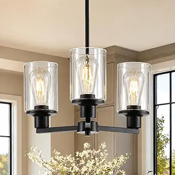 3-Light Chandeliers for Dining Room, Modern Black Farmhouse Chandelier Light Fixtures Over Table with Glass Shade, Height Adjustable Pendant Hanging Lights for Kitchen Island Living Room