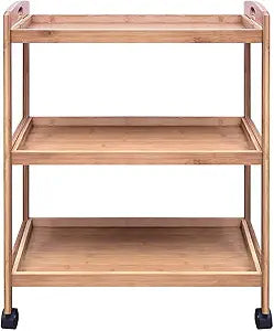 HYGRAD BUILT TO SURVIVE Bamboo Kitchen Storage Rolling Shelf with Wheels, 3 Tier Island Bar Cart, Microwave Oven Serving Organizer for Home, Dining Room, Laundry Room with Lockable Castors