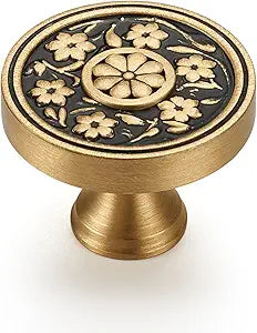 Solid Brass Cabinet Knobs 10 Pack Black and Gold Floral Drawer Pulls with Vintage Carving Brushed Brass Handles for Kitchen, Bathroom, Dresser