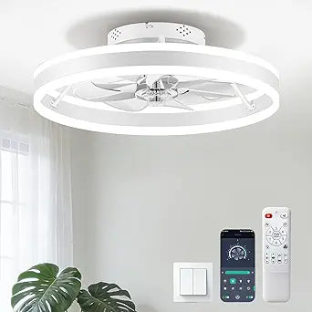 Ceiling Fans with Lights and Remote, 20" Low Profile Flush Mount Ceiling Fan, Pre-Assembled Design, Quiet DC Motor, 6 Wind Speeds, Dimmable 2700-6500K LED Light, Modern Ceiling Fan for Bedroom (White)