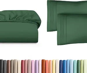Twin Size Fitted Bed Sheet + 2 Pillowcases Bundle - Hotel Luxury Single Fitted Bottom Sheet Only - Fits Mattresses with Deep Pockets up to 16 inches - Soft, Breathable & Wrinkle Free - Emerald Green