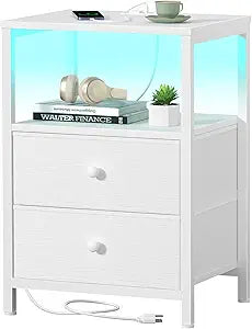 BOLUO White Nightstand with Charging Station, LED Night Stand with 2 Fabric Drawers, Bedside Table with USB Ports and Outlets, Nightstand for Bedroom Modern