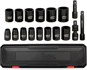 Milton Shallow Socket Set, 1/2 Drive, Impact Socket Set, 17-Piece Metric 11mm-30mm Tool Set, with Universal Joint & Extension Bars (1300-SS-06)