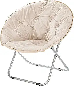 mDesign Urban Papasan Folding Moon Chair - Large Saucer UFO Chair with Collapsible Metal Frame - Fuzzy Foldable Dish Seat for Home Office, Living Room, Dorm Room, and Bedroom - Beige/Silver
