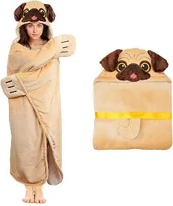 Tian Zhun Pug Gifts for Women Pugs Lovers Pug Wearable Blanket Fluffy Super Soft Flannel Adult Animal Hooded Blanket for Women Mothers Day Christmas Birthday