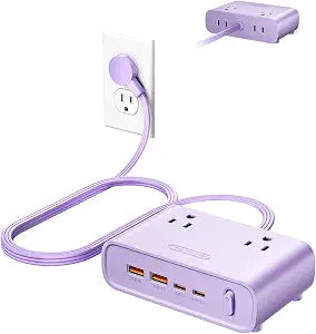 NTONPOWER Purple Power Strip, 25W Max 8-in-1 with 4 AC, 4 USB(2 USB C) 10ft Flat Extension Cord, Power Strip with USB Ports, Outlet Extender for Home Office, School Dorm Room Essentials