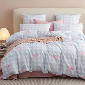 Blue Plaid Pink Bow Full Duvet Cover Set