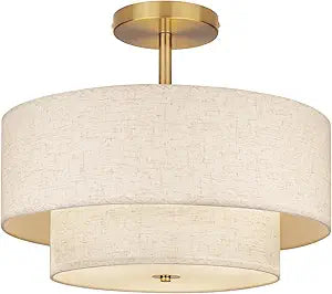 18 Inch Large Semi Flush Mount Ceiling Light Fixture with Dual Drum Design, Gold Farmhouse Fabric Linen Shade for Bedroom, Living Room, Kitchen, and Dining - Modern Chandelier Lamp