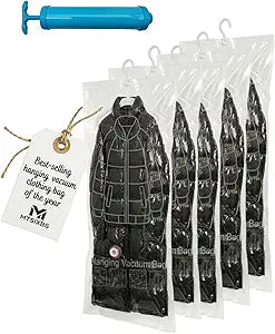 5 Pack Hanging Vacuum Storage Seal Clear Bags for Clothing Compression Suits and Jackets Travel and Home Organization Reusable Space Saver Three Sizes Large Medium and Small(Medium)