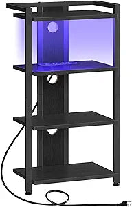 HOOBRO Game Console Shelf, 4-Tier Video Gaming Consoles Stand with Outlet & RGB Light, Audio Rack Tower for Turntable, Stereo Equipment, Wooden Entertainment Storage Stand, Black BB38UDCJ01