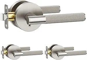 Amerdeco 3 Pack Brushed Satin Nickel Door Handles Interior, Knurled Privacy Door Handles,Heavy Duty Black Door Lever for Bedroom or Bathroom,Reversible Keyless for Left Right Handed Doors AM0016