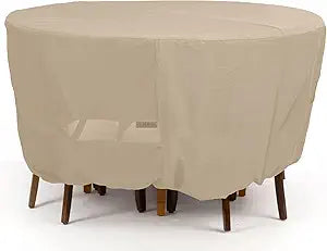 Covermates Classic Round Patio Dining Table and Chair Set Cover All-Weather Outdoor Furniture Protection, Water-Resistant Vinyl, Elastic Hem, Mesh Vents, 86DIAMETER x 30H, Classic Tan