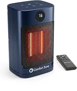 Comfort Zone 1500W Oscillating Desktop Heater Γ Portable Ceramic Space Heater with Remote, Digital Thermostat (50┬░F-90┬░F), ECO Mode, 12-Hour Timer, Child Lock & Stay-Cool Housing Γ Blue