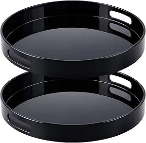 Menkxi 2 Pcs 12 Inch Acrylic Round Tray with Handles Sturdy Black Round Serving Decorative Circle Tray for Kitchen Bathroom Vanity Coffee Table Ottoman Food Tea Snacks