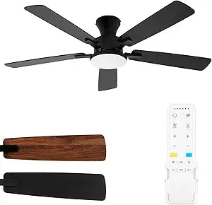Flush Mount Ceiling Fans with Lights, 52 Inch Ceiling Fans with Remote Control, 5 Blade, 6 Speed,Dimmable Light,Mordern Ceiling Fan with Light for Bedroom,Living Room,Home Office, Black