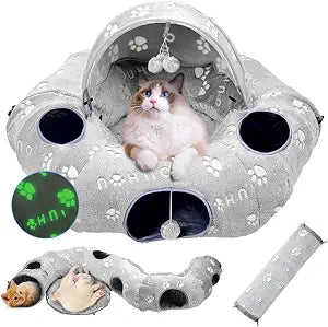 Cat Tunnel Bed, Cat Tunnels for Indoor Cats, Cat Donut Tunnel Toy with Washable Circle Cushion, Straight Shaped Tunnel, 4 Fluffy Balls, Blackout Tent, Self-Luminous Cat ToysGrey