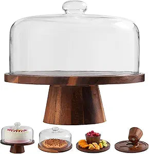 Acacia Wood Cake Stand with Glass Lid 12" Magnetic Base, Detachable Serving Tray for Cake, Cheese, Charcuterie, Snacks & Desserts Wooden Cake Holder for Parties & Kitchen Display