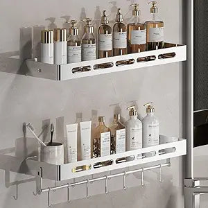 2-Tier Floating Shelf with Removable Hooks, 23.6 inches, Stainless Steel Wall Mounted Bathroom ShelvesPolishing
