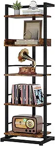 Hosfais Book Shelf Narrow Bookshelf: 5 Tier Wood Bookcase with Metal Edge Protection Industrial Modern Bookshelf Book Storage Organizer for Living Room Bedroom Home Office (Rustic Brown)