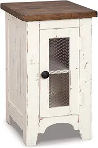 Signature Design by Ashley Wystfield Farmhouse Chair Side End Table with Cabinet Door for Storage, White & Brown with Distressed Finish