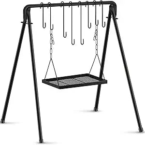 Rossesay Campfire Swing Grill Stand Adjustable Campfire Cooking Equipment Camping Accessories Cookware Hanging Rack with 8 Hooks and Portable Grill Stand for BBQ Picnic Outdoor Party