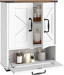 HOOBRO Farmhouse Wall Mounted Cabinet with Adjustable Shelf, Medicine Cabinet with Flip-Down Door, Over The Toilet Bathroom Organizer, for Small Bathroom, Kitchen, White and Walnut