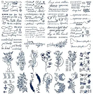 30 Sheets Semi-Permanent Tattoos for Women Inspirational Words Tatto Stickers, Floral Rose Sunflower Body Dark Blue Fake Tattoos for Adult Men Kids, Lasting 1-2weeks Tiny Waterproof