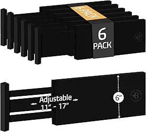 6-Pack Drawer Dividers 6 Inch High, 11-17" Adjustable Bamboo Organizers Large Expandable Drawer Separators for Cloths, Dresser, Bedroom, Bathroom, Baby Drawer, Office & Kitchen Utensils (Black)