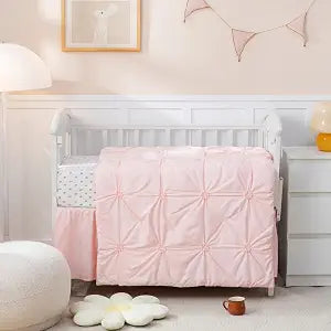 PINNKKU 3-Piece Crib Bedding Set for Boy Girls, Includes Skirt, Blanket and Sheet, Baby Bedding, Pintuck Pinch Pleat Pink