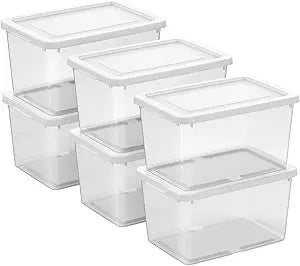 Sterilite 6-Pack Clear Storage Box, Stackable Container Bins with Lids, 20 Qt, White Plastic Containers for Home, Closet, Bathroom, Classroom, and Office Organization