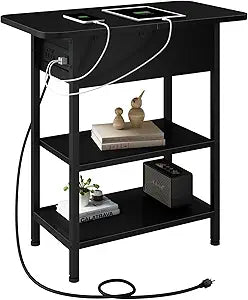 LIDYUK End Table with Charging Station, Flip Top Side Table with USB Ports and Outlets, Nightstand for Small Spaces, Bedside Tables with Storage Shelf for Living Room, Bedroom, Black